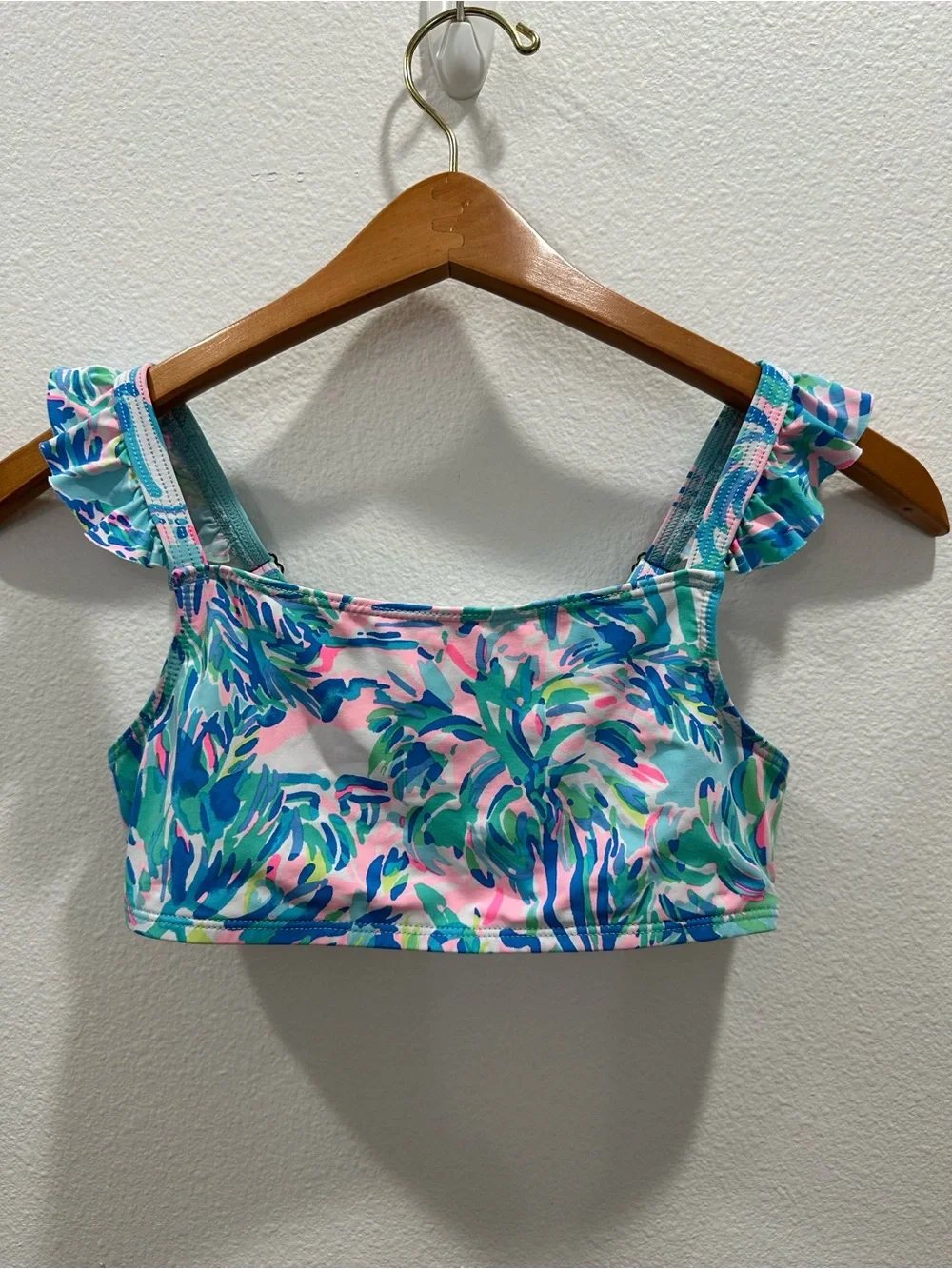 Lilly Pulitzer girls swim suit Tropical Print Ruffle Strap Crop Swim Top pink